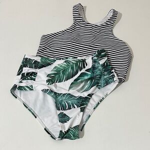 Striped and Leaf Print Women's Swimsuit